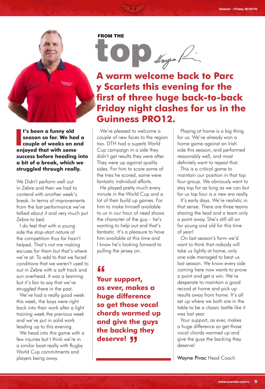 Scarlets Matchday Programme Preview Pages