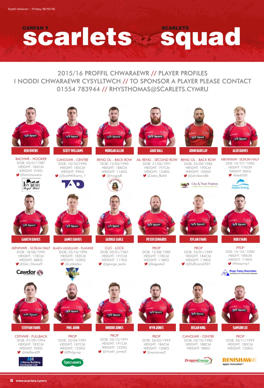 Scarlets Matchday Programme Preview Pages