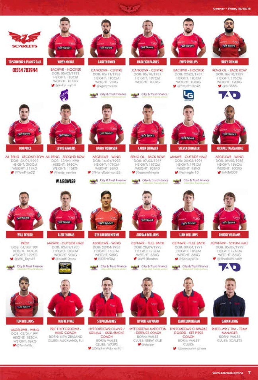 Scarlets Matchday Programme Preview Pages