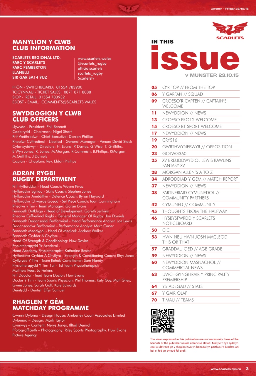 Scarlets Matchday Programme Preview Pages