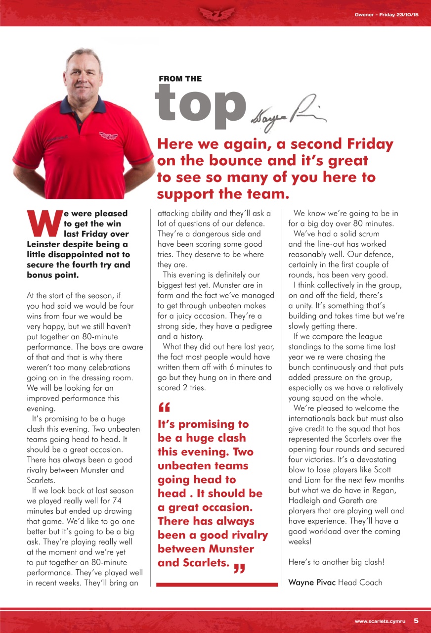 Scarlets Matchday Programme Preview Pages