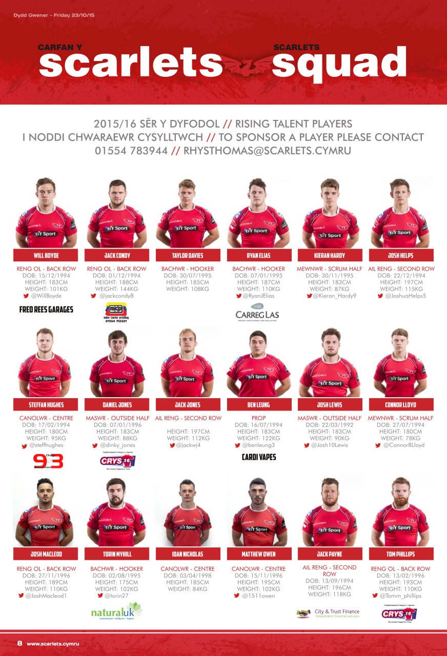 Scarlets Matchday Programme Preview Pages
