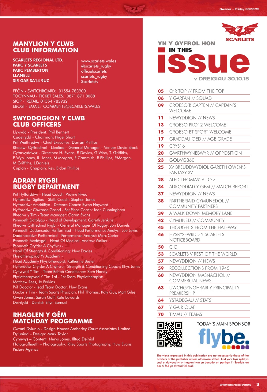 Scarlets Matchday Programme Preview Pages