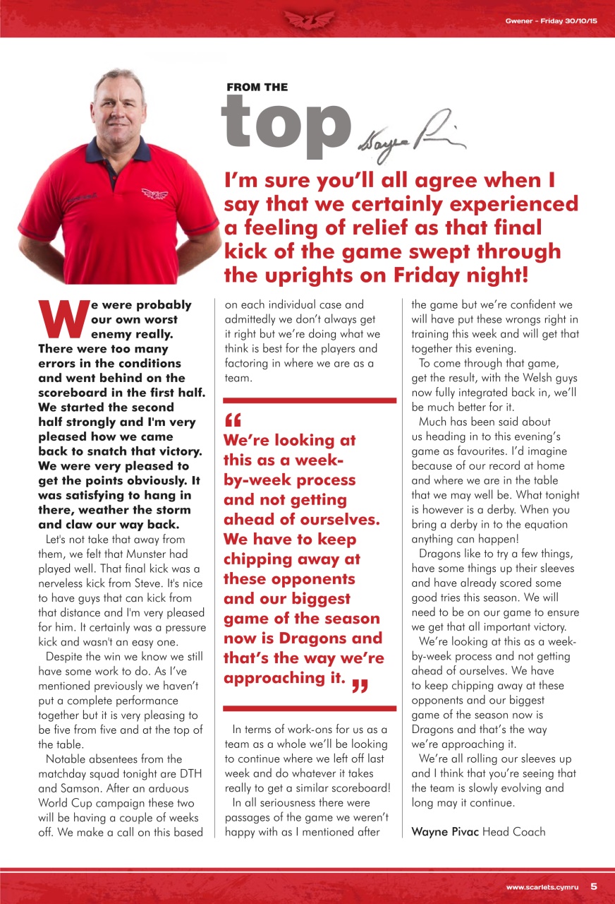 Scarlets Matchday Programme Preview Pages