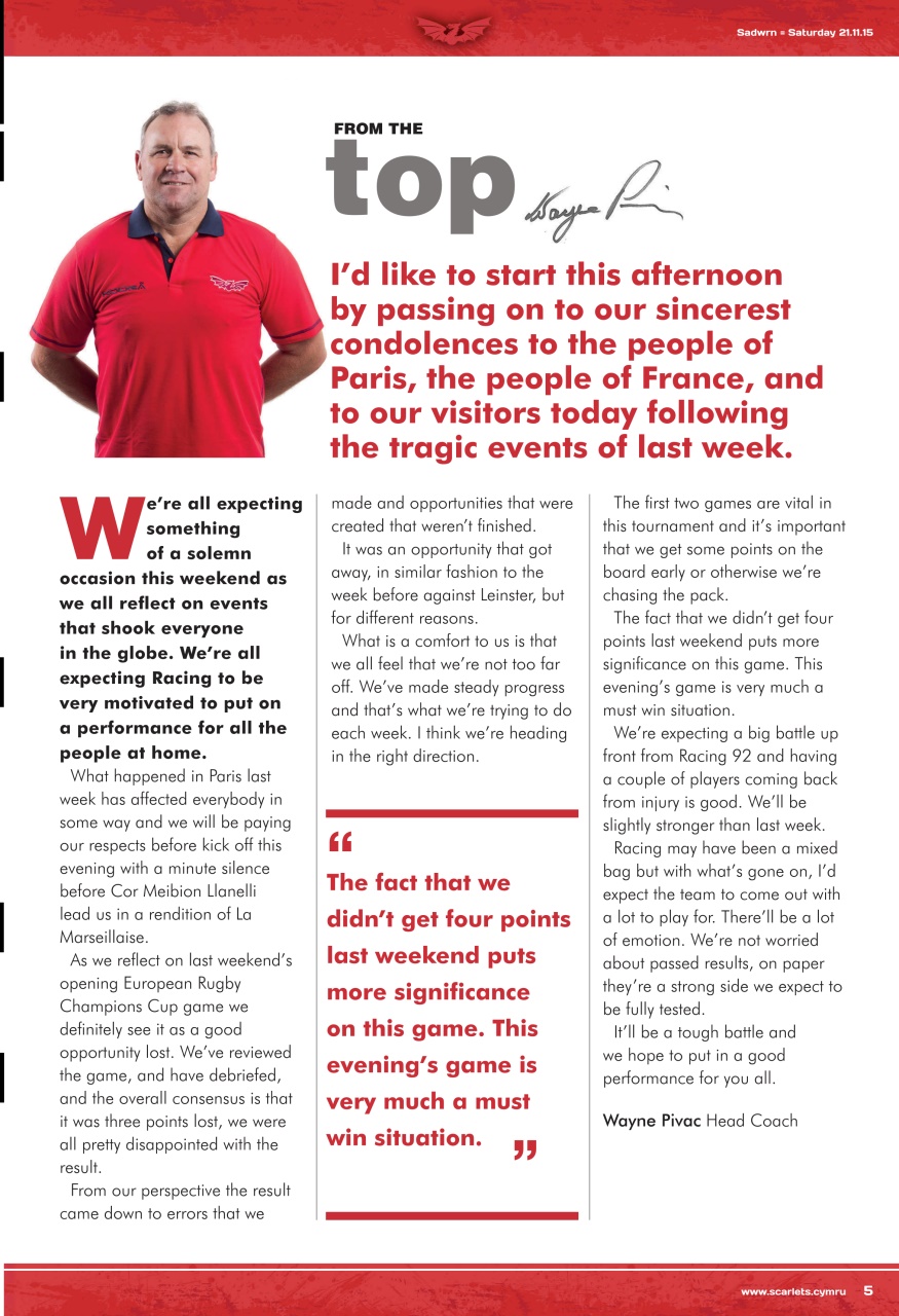 Scarlets Matchday Programme Preview Pages