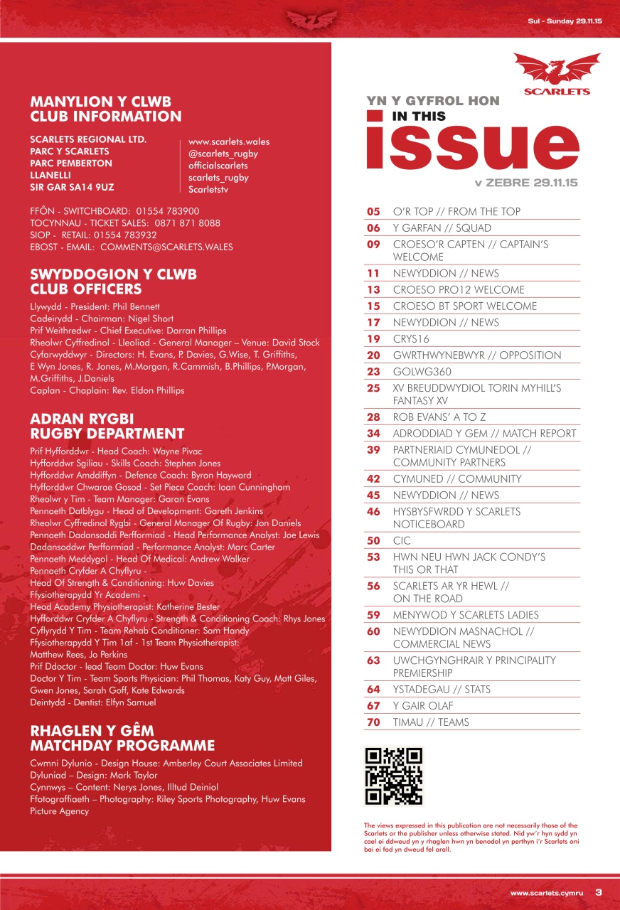 Scarlets Matchday Programme Preview Pages