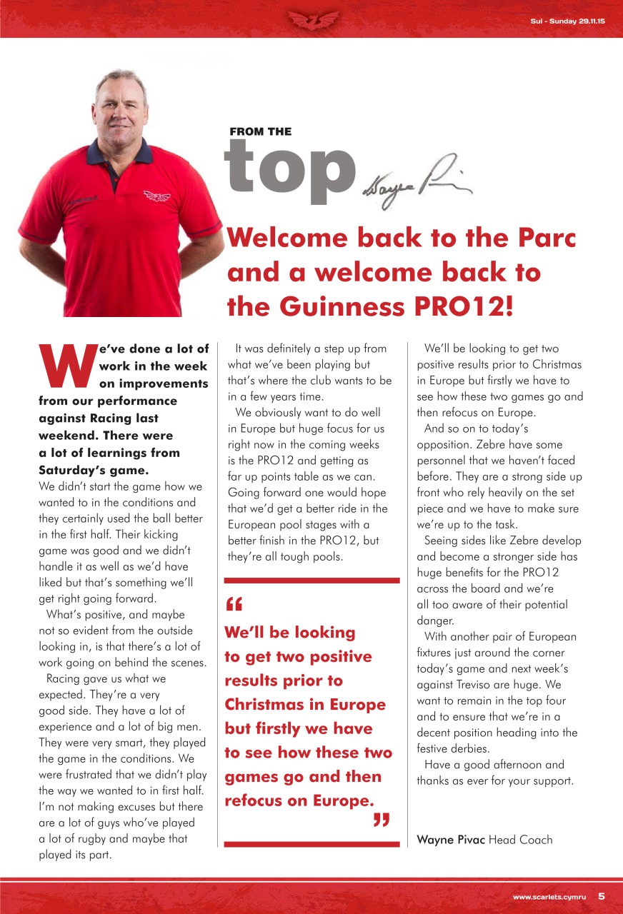 Scarlets Matchday Programme Preview Pages
