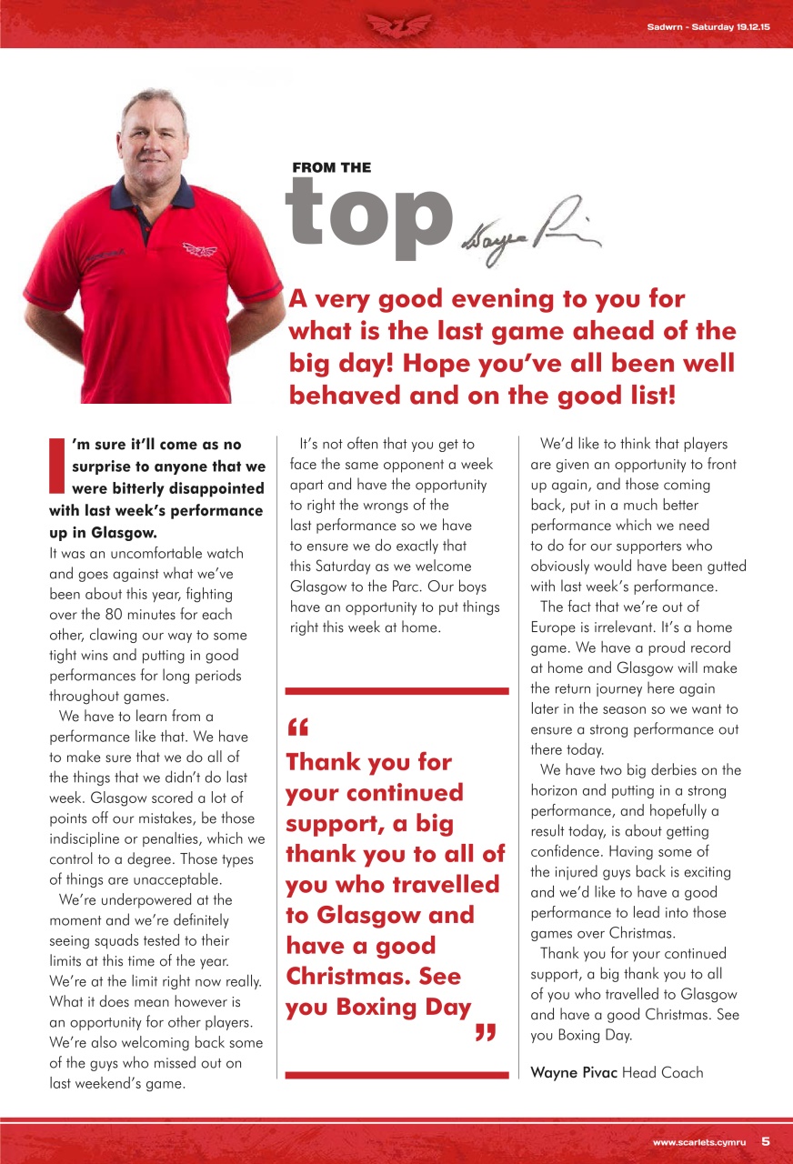 Scarlets Matchday Programme Preview Pages