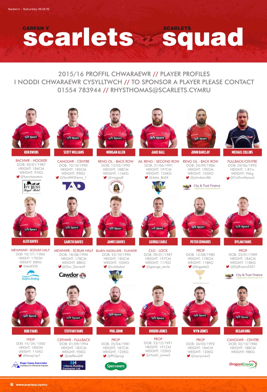 Scarlets Matchday Programme Preview Pages