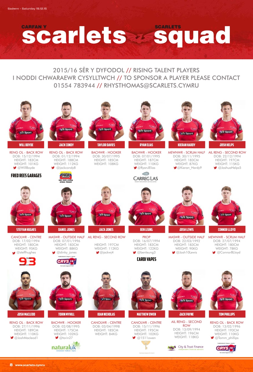 Scarlets Matchday Programme Preview Pages