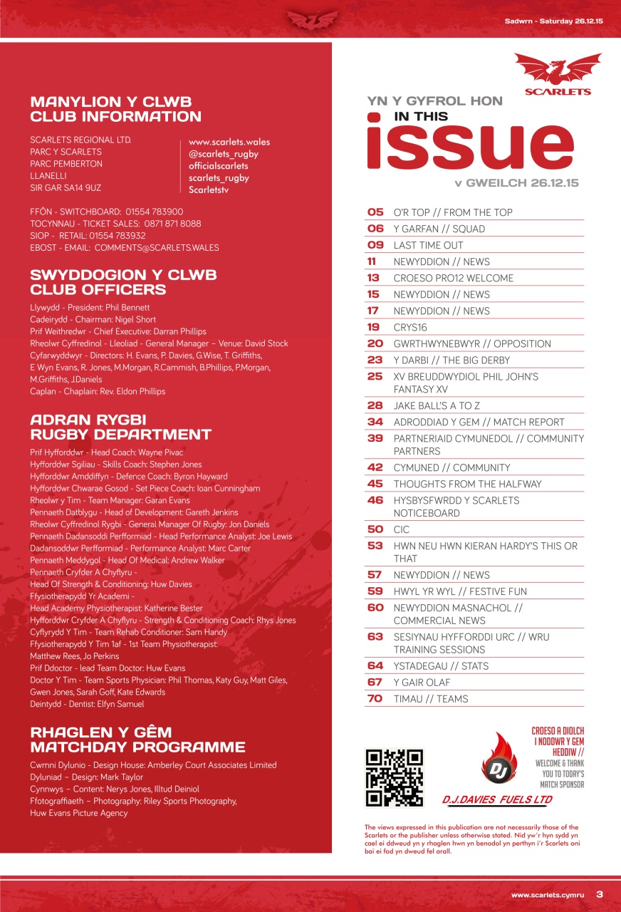 Scarlets Matchday Programme Preview Pages