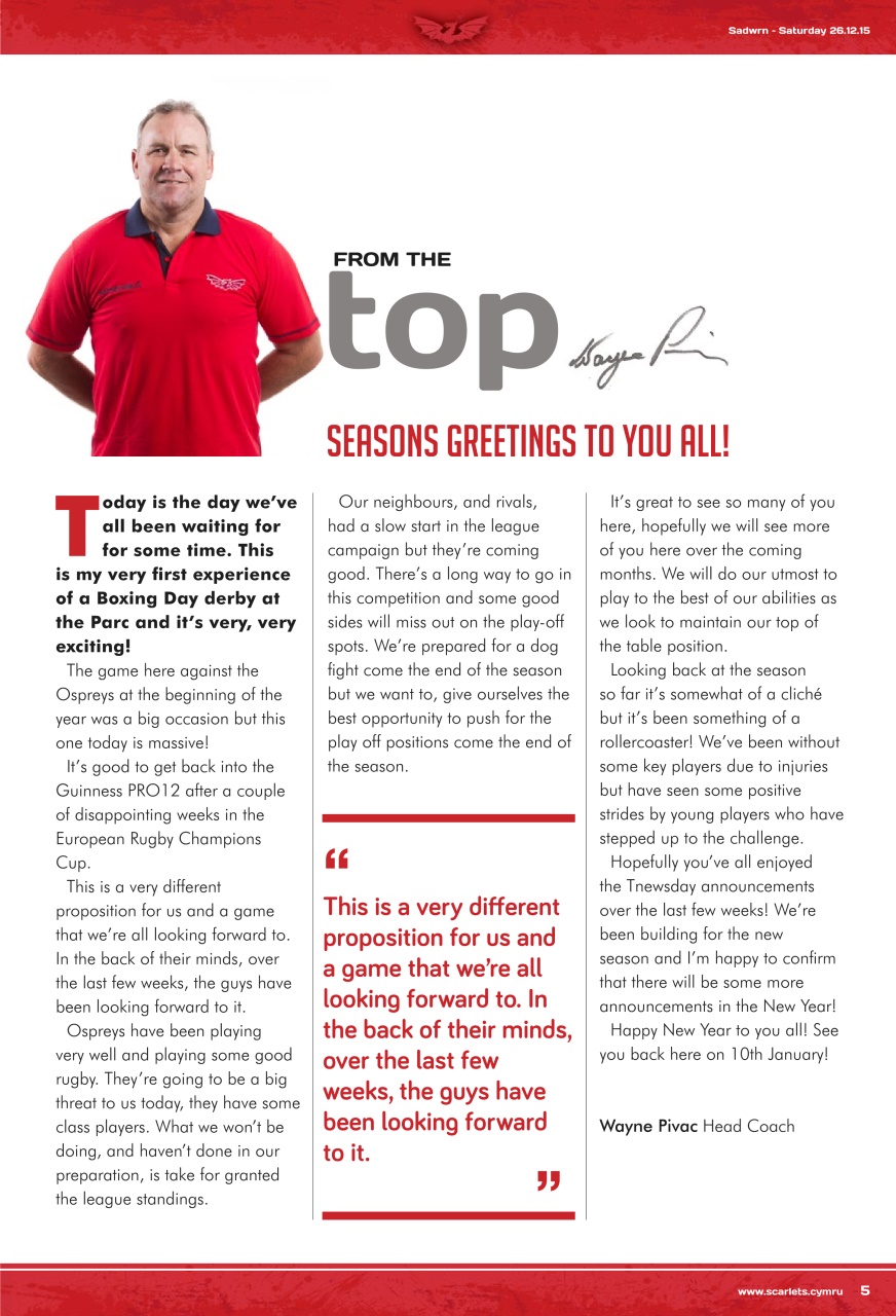 Scarlets Matchday Programme Preview Pages