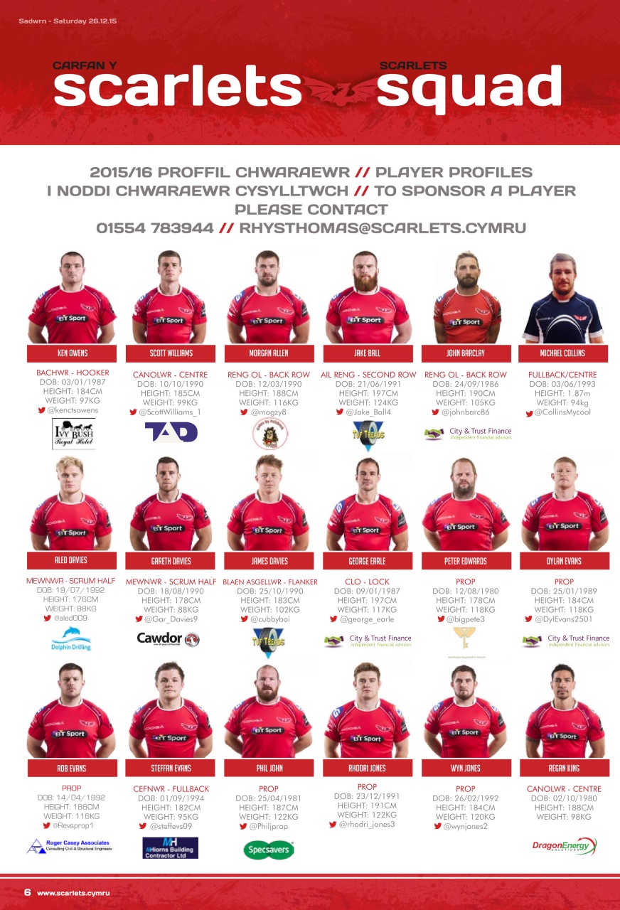 Scarlets Matchday Programme Preview Pages