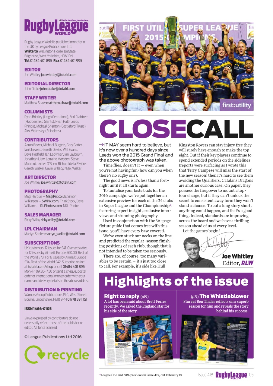 Rugby League World Preview Pages