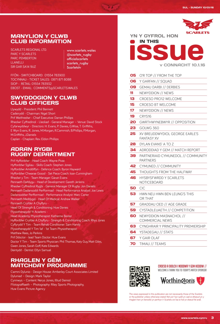 Scarlets Matchday Programme Preview Pages