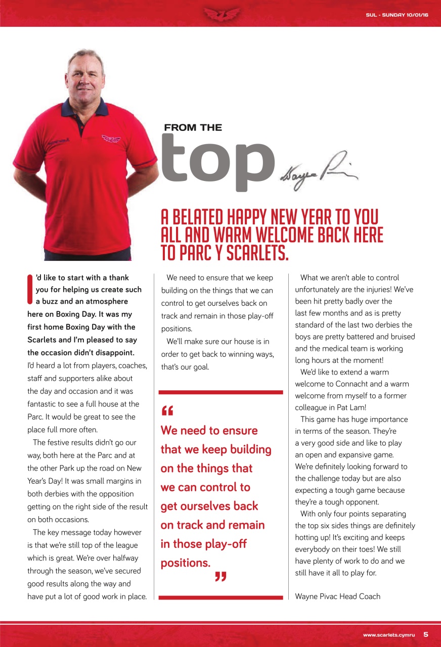 Scarlets Matchday Programme Preview Pages