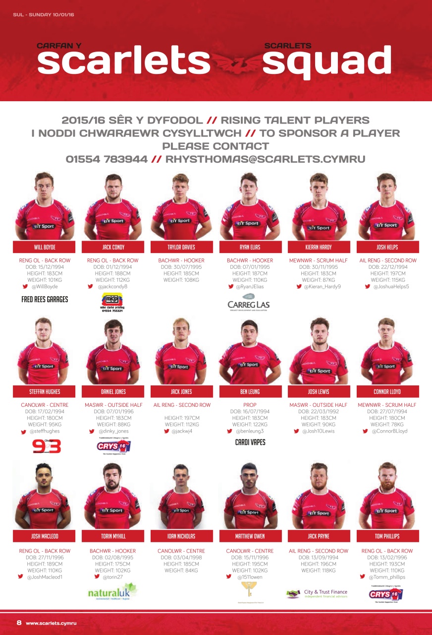 Scarlets Matchday Programme Preview Pages