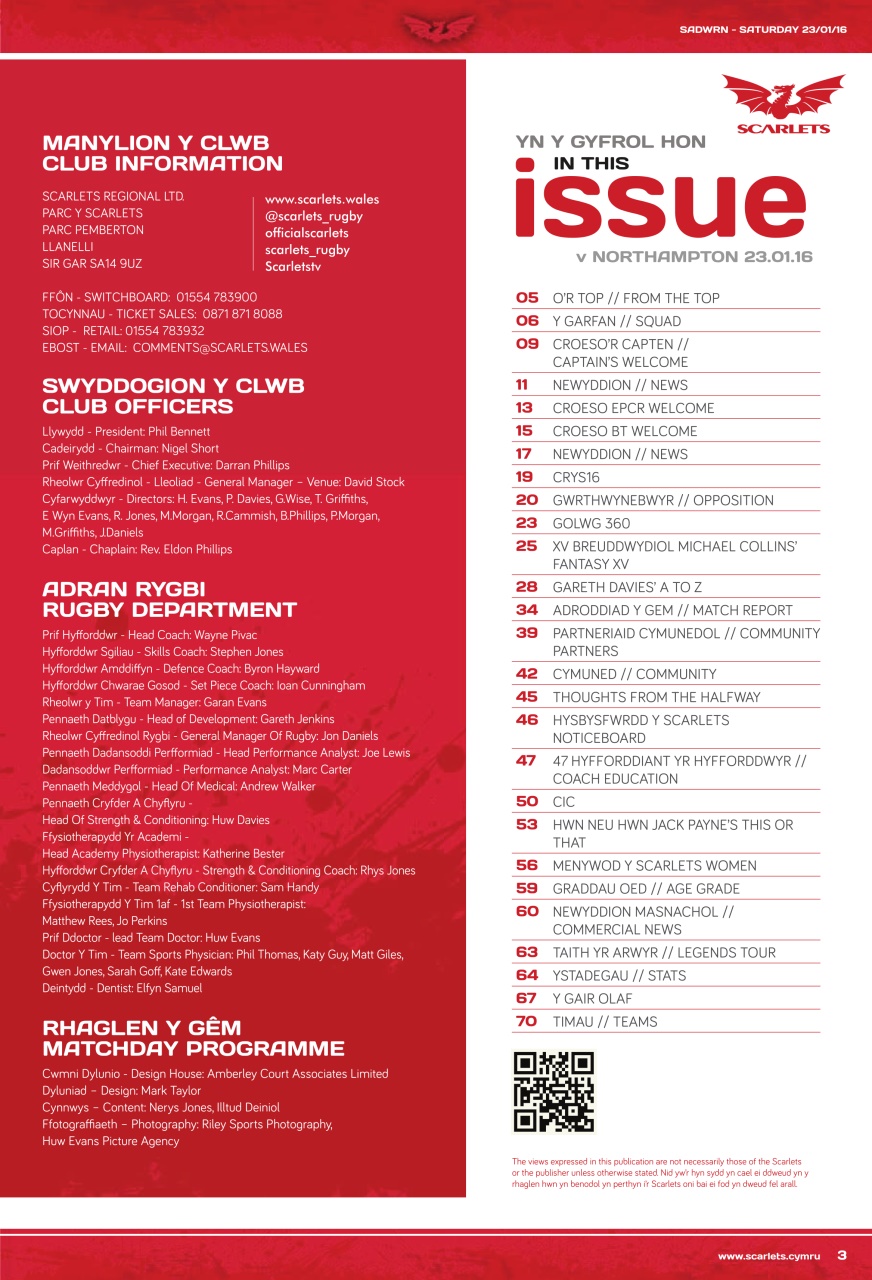 Scarlets Matchday Programme Preview Pages