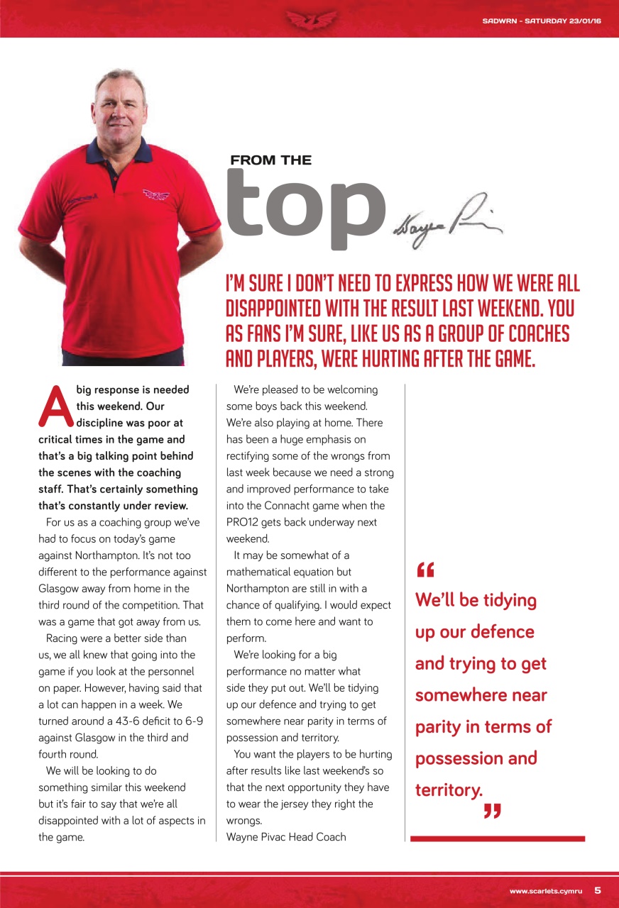 Scarlets Matchday Programme Preview Pages