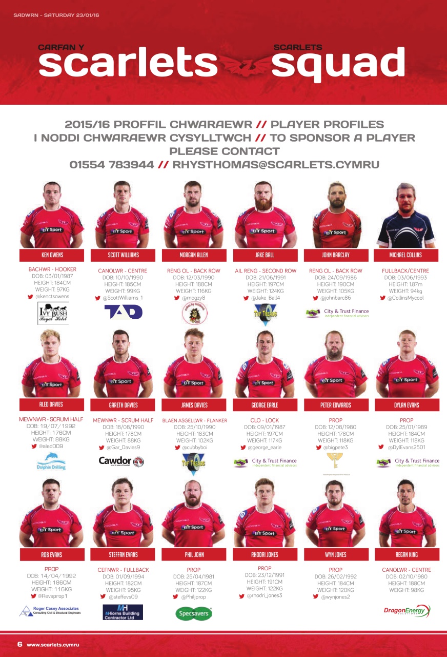 Scarlets Matchday Programme Preview Pages