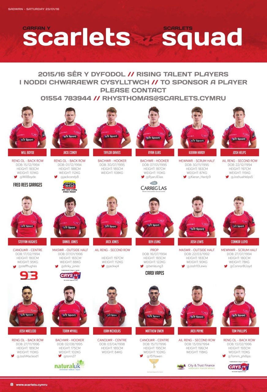 Scarlets Matchday Programme Preview Pages