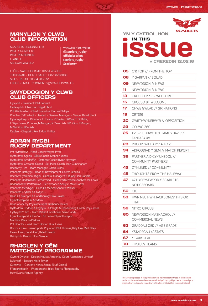 Scarlets Matchday Programme Preview Pages