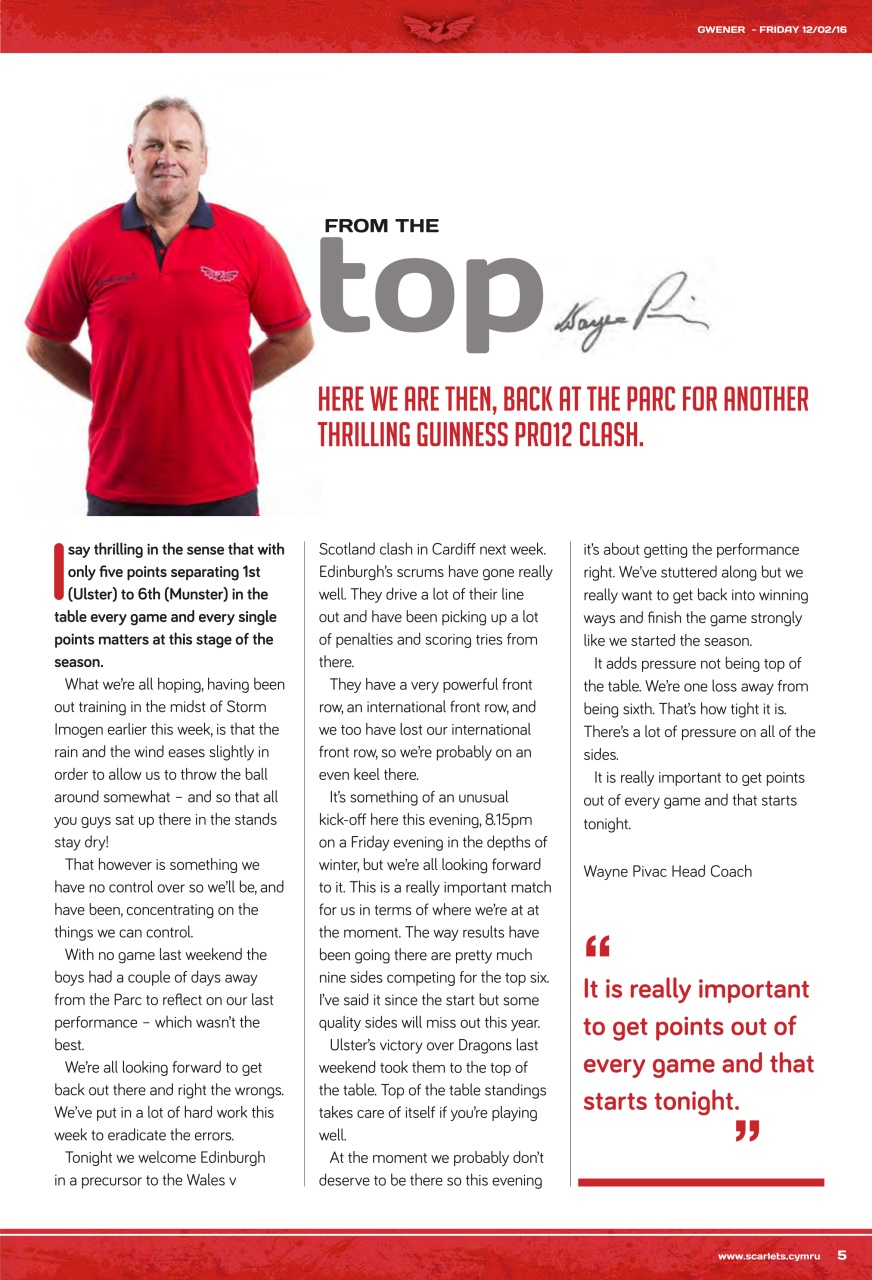 Scarlets Matchday Programme Preview Pages