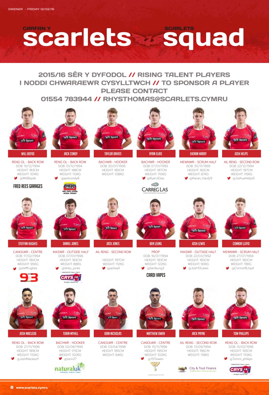 Scarlets Matchday Programme Preview Pages