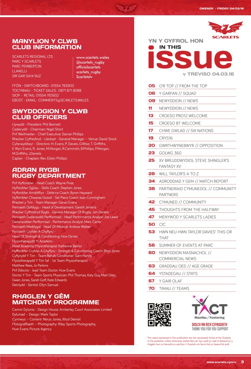 Scarlets Matchday Programme Preview Pages