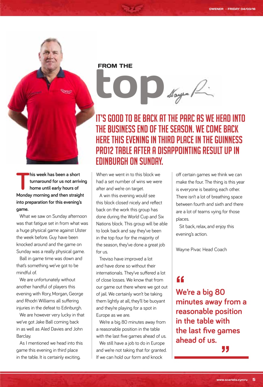 Scarlets Matchday Programme Preview Pages