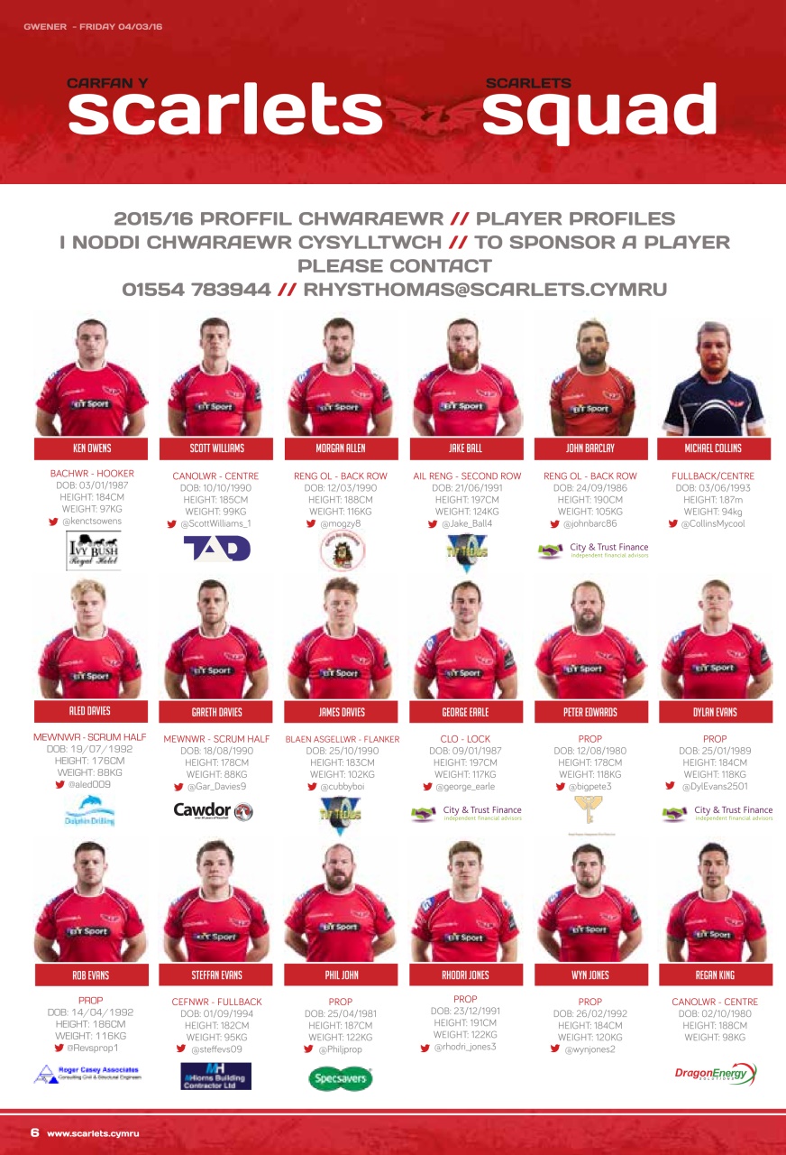 Scarlets Matchday Programme Preview Pages