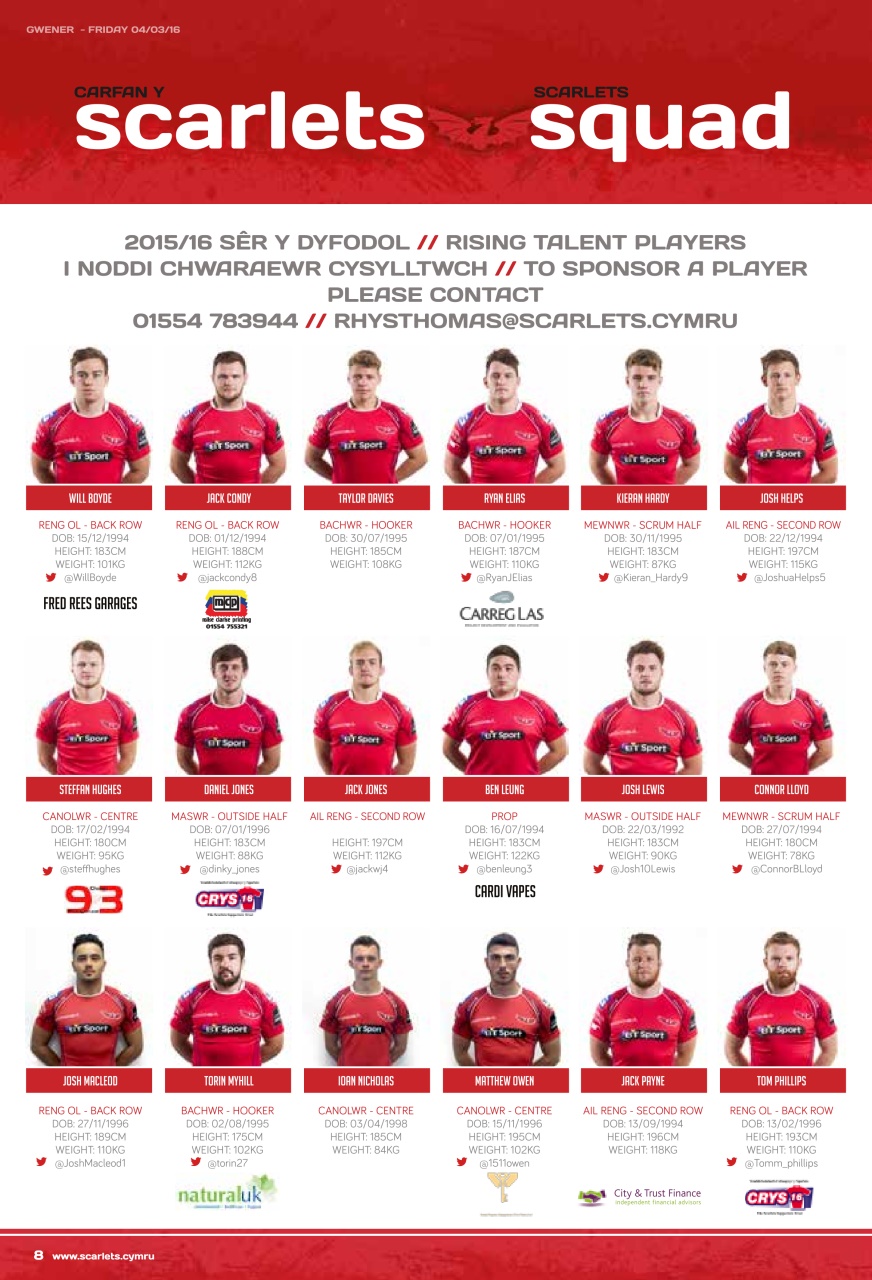 Scarlets Matchday Programme Preview Pages