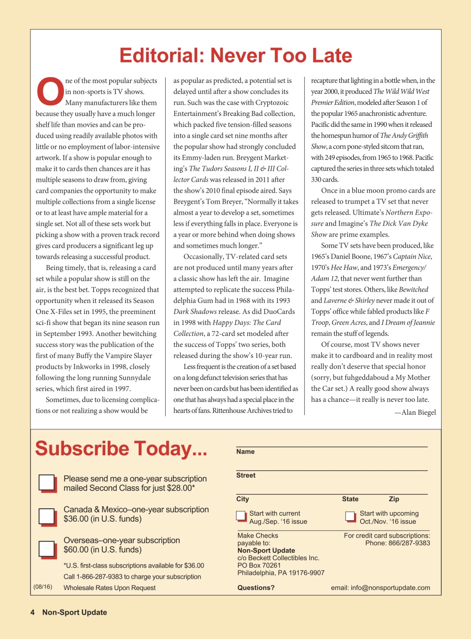 Non-Sport Update Magazine Preview Pages