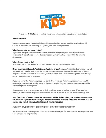 Animal Planet Kids issue Important Notice