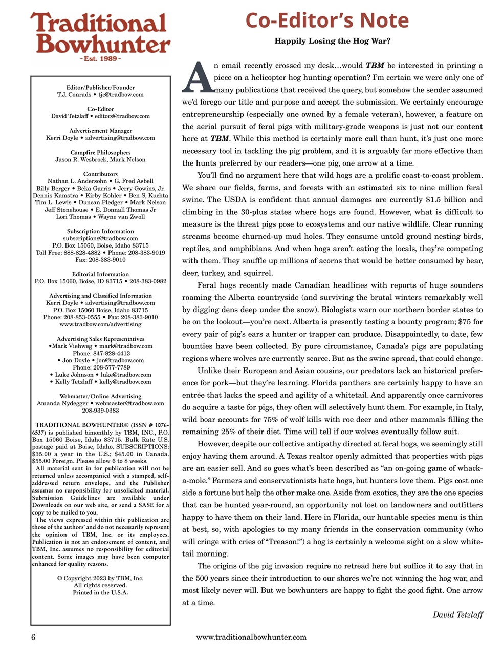 Traditional Bowhunter Magazine Preview Pages