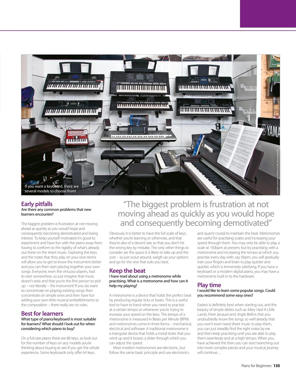 Muisc Instrument Magazine Music Magazine - Piano For Beginners Sixteenth Edition Back Issue