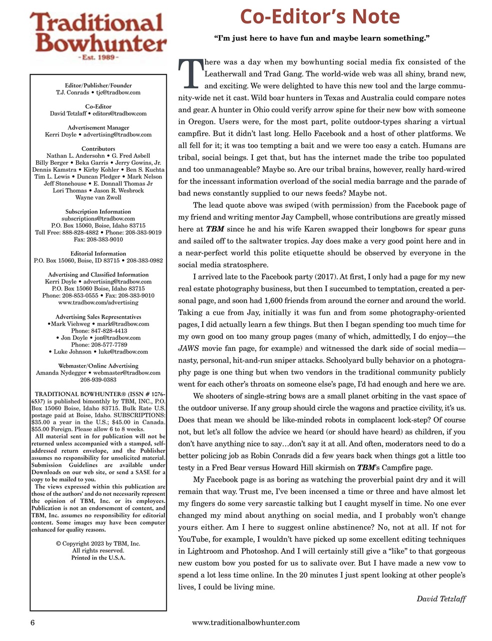 Traditional Bowhunter Magazine Preview Pages