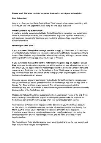 Radio Control Rotor World issue Important Notice