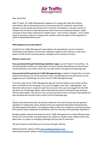 Air Traffic Management issue Important subscriber notice