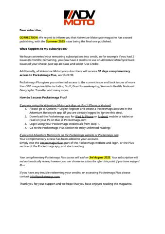 Adventure Motorcycle issue Important Notice Correction