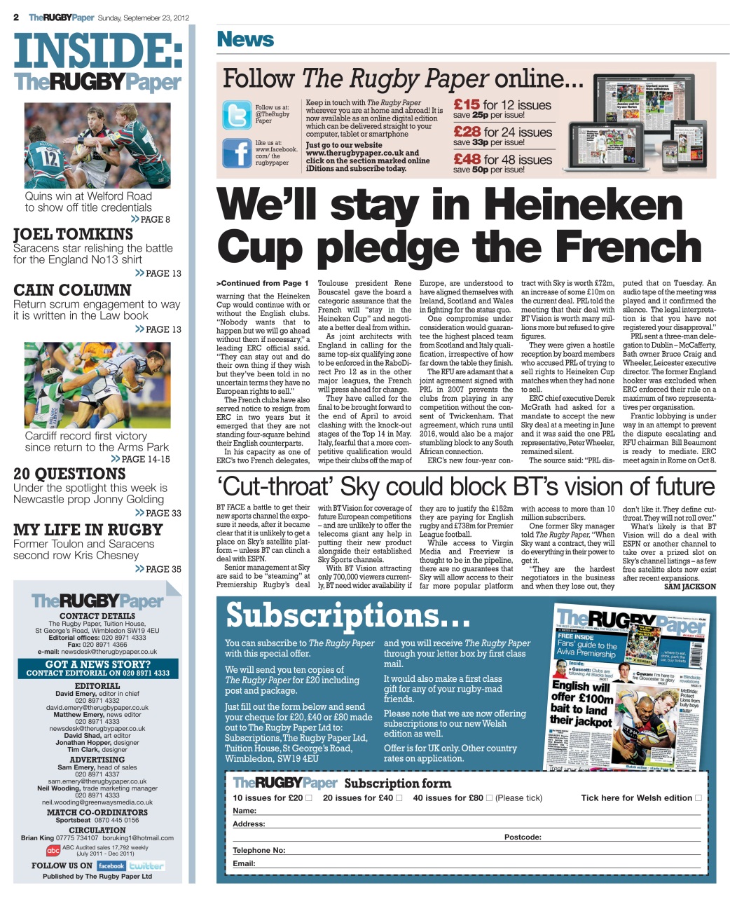 The Rugby Paper Preview Pages