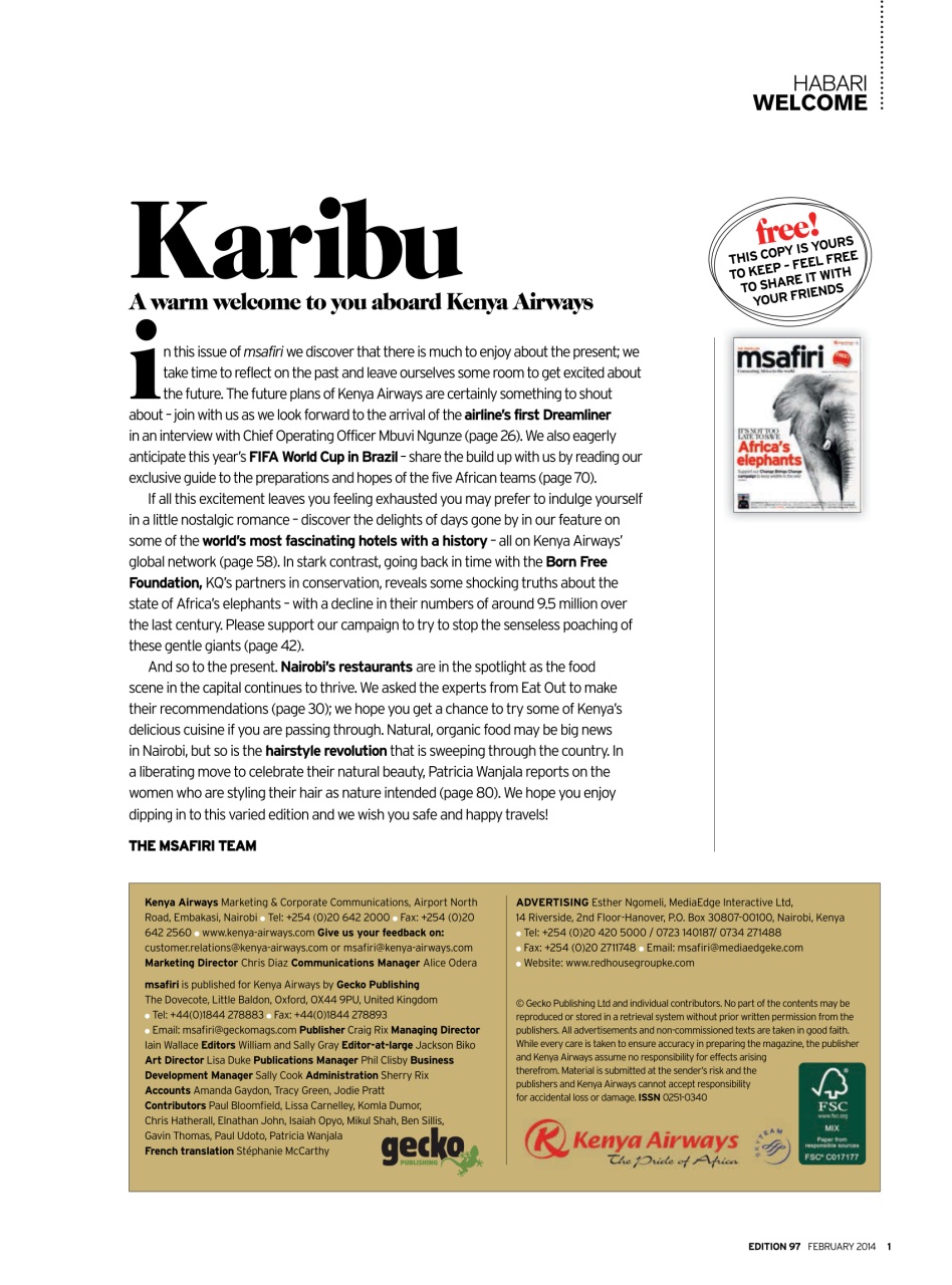 MSAFIRI – Kenya Airways Inflight Preview Pages