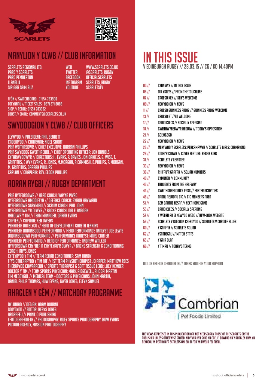 Scarlets Matchday Programme Preview Pages
