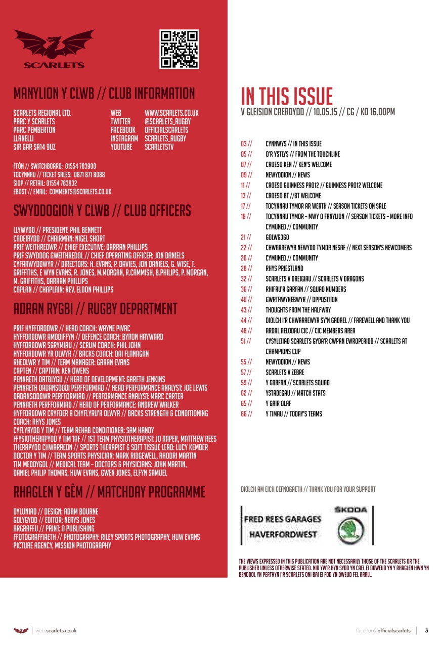 Scarlets Matchday Programme Preview Pages
