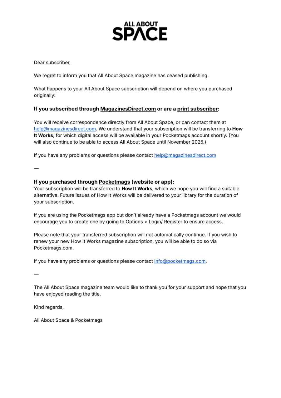 All About Space issue Important Notice