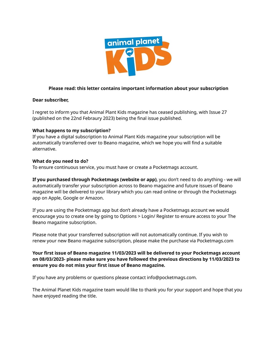 Animal Planet Kids issue Important Notice