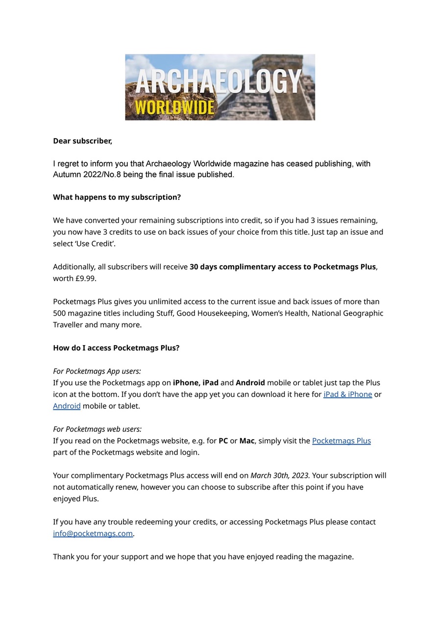 Archaeology Worldwide issue Important Notice