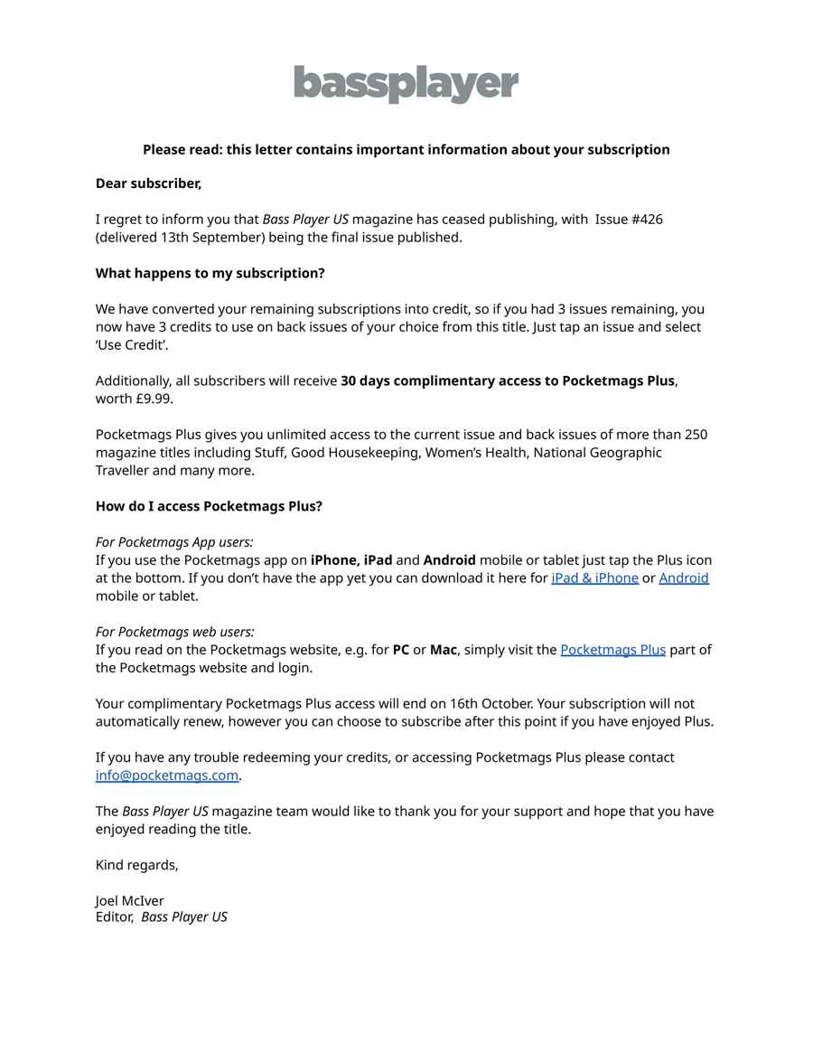 Bass Player US issue Important Information
