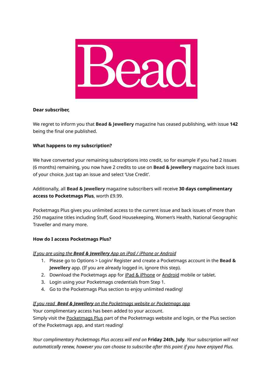Bead & Jewellery Magazine issue Important Notice