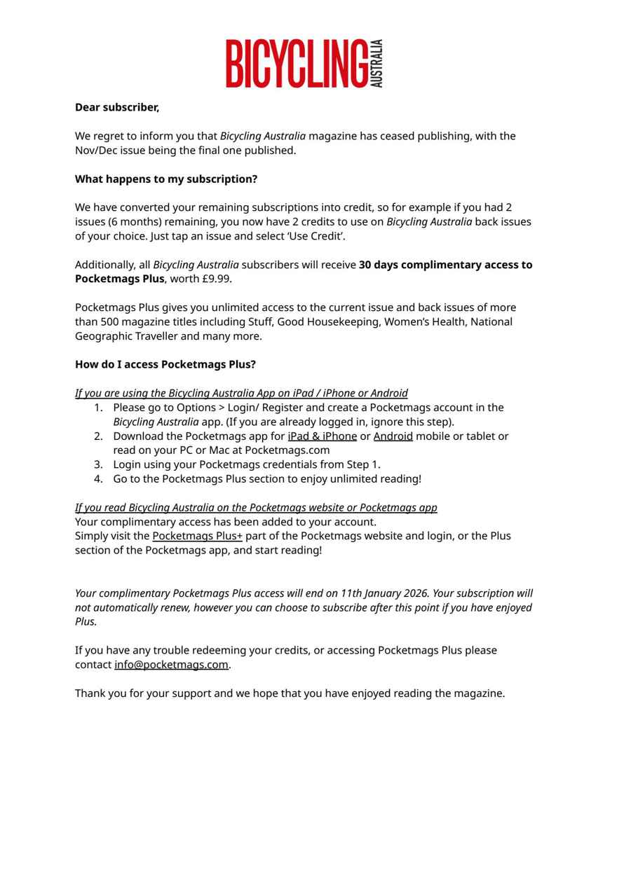 Bicycling Australia issue Important Notice